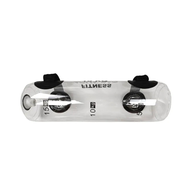 Clear PVC inflatable water bag for weight training, shown with water inside.
