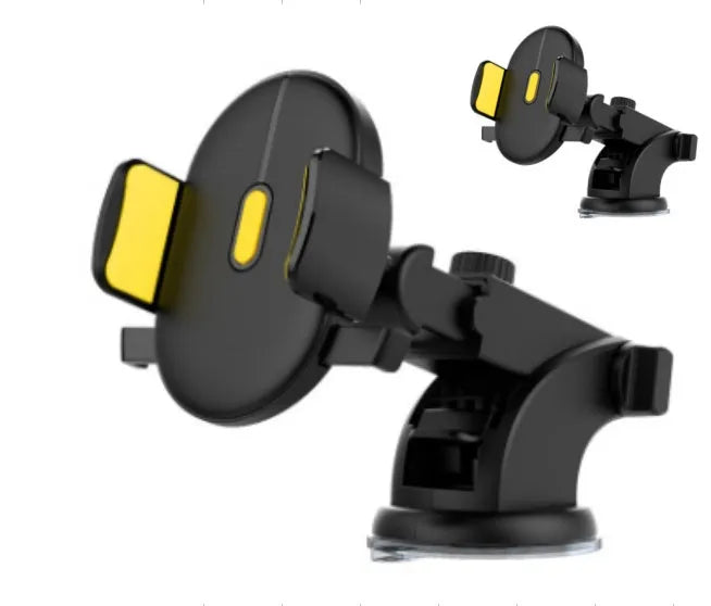 Car phone holder with black suction cup and telescopic arm on car dashboard