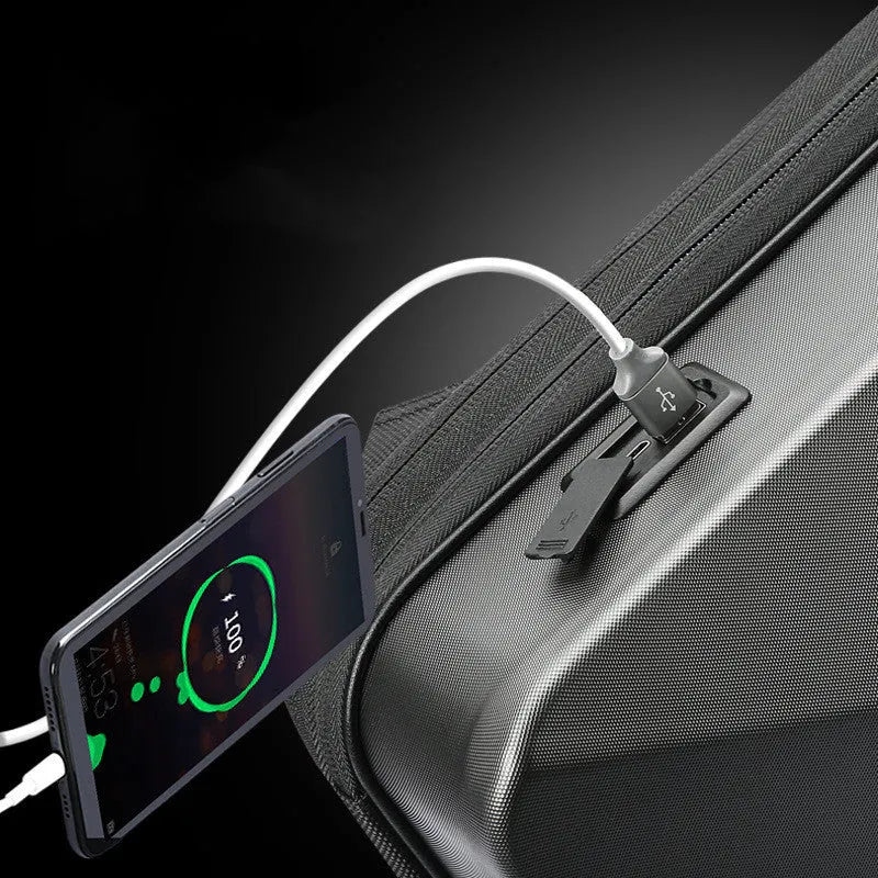 Large gaming backpack with hard PC shell, built-in lock, and double shoulder straps in Titanium Gold and Silver
