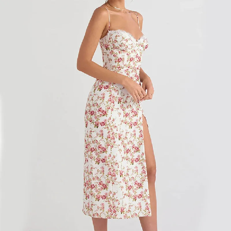 Women's long dress with lace flowers print pattern, side slit, and suspender straps in polyester fabric