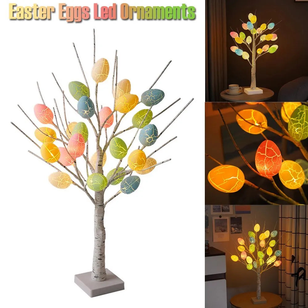 60cm white LED birch tree with black trunk details and warm white cracked egg ornaments on adjustable branches