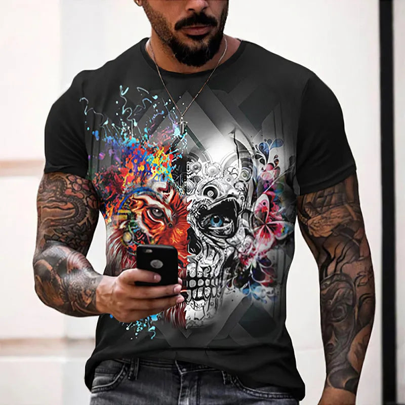 Summer 3D skull full-body printed T-shirt for men in milk silk fabric with geometric pattern, short sleeves, round neck