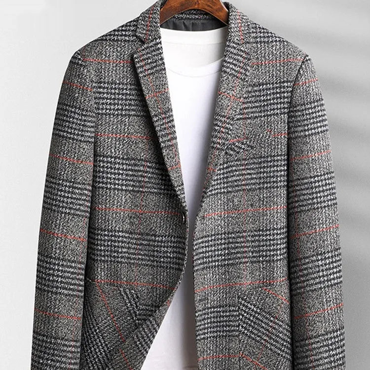 Men's autumn winter polyester suit jacket in khaki, front view, size M to 4XL available