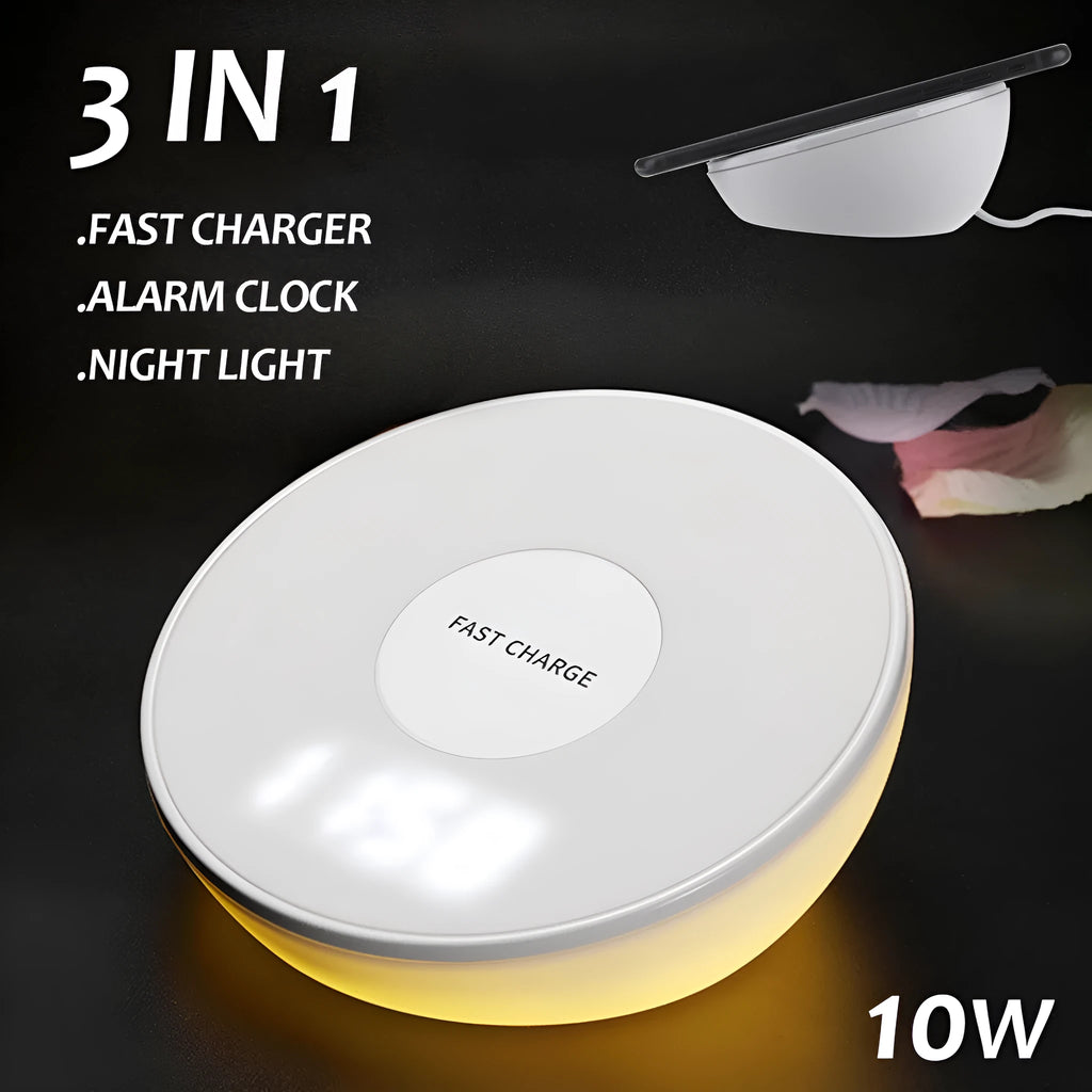 White 10W QI wireless charging pad with digital clock display and alarm functions