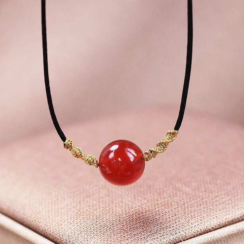Natural red agate bracelet and necklace set with hand-woven beads in national style