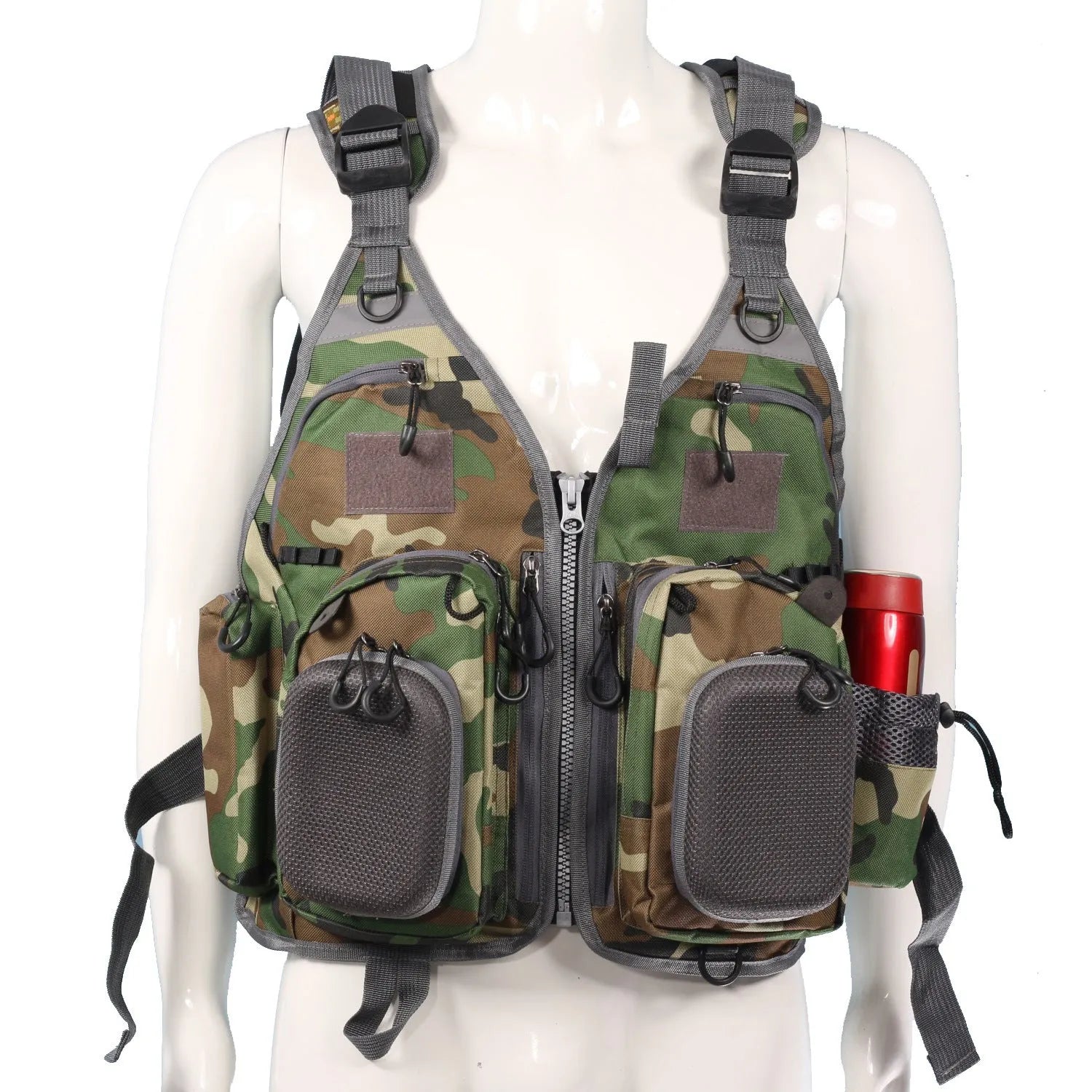 Grey fishing life jacket with chest pockets, reflective strips, and adjustable buckle straps