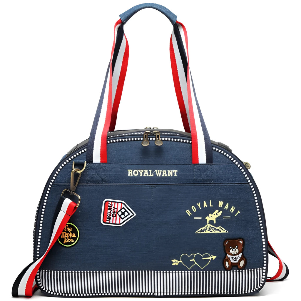 Blue Japanese style denim pet diaper bag with cartoon pattern, 43x20x30cm dimensions