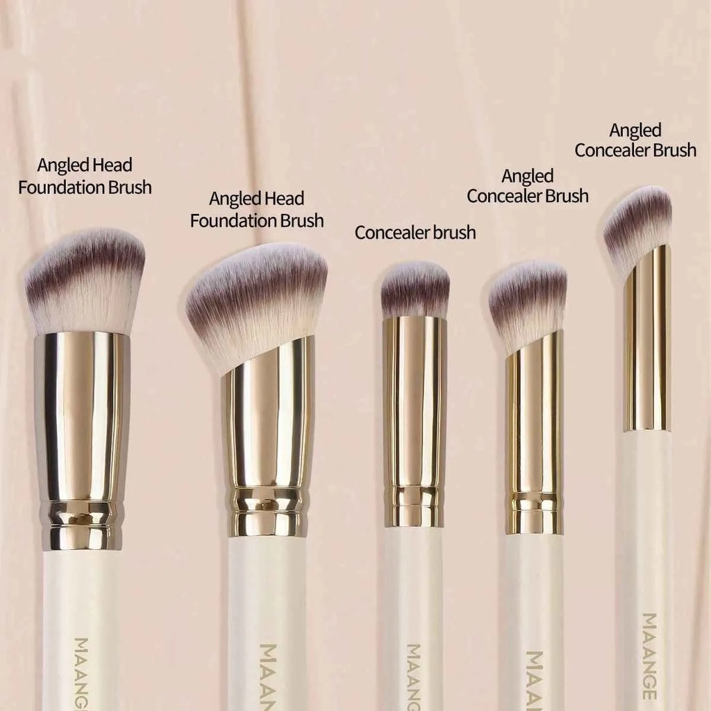 5-piece apricot coloured makeup brush set with angled blusher brush for powder and cream application