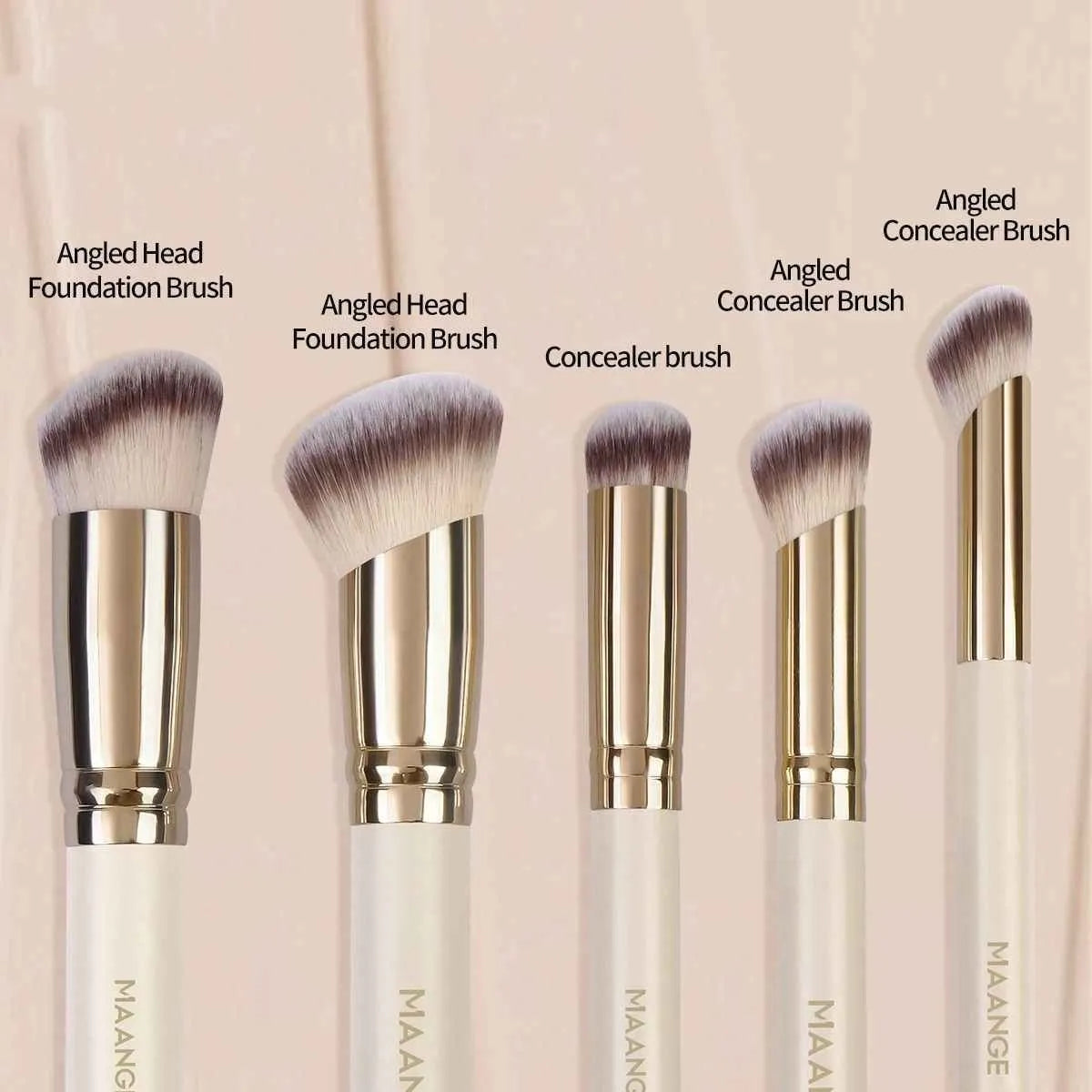 5-piece apricot coloured makeup brush set with angled blusher brush for powder and cream application