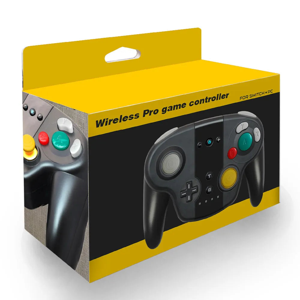 Black wireless Bluetooth gamepad for Nintendo Switch and PC with analogue sticks and face buttons.