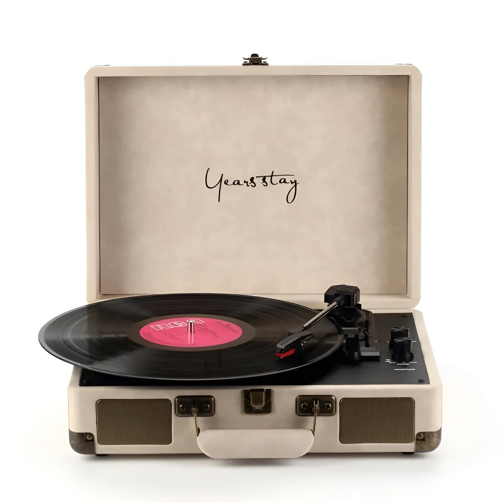 Leather-cased portable Bluetooth turntable for vinyl and film records in multiple colours.