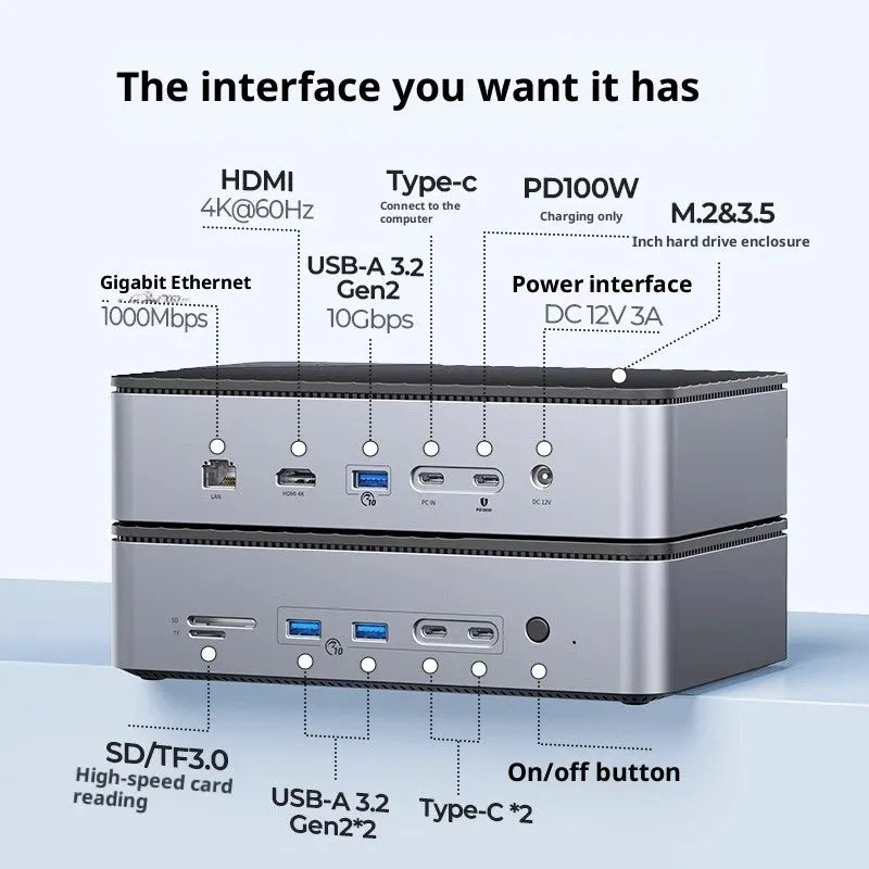8-in-1 M.2 hard disk box docking station with USB 3.2 and Gigabit port, black aluminium alloy