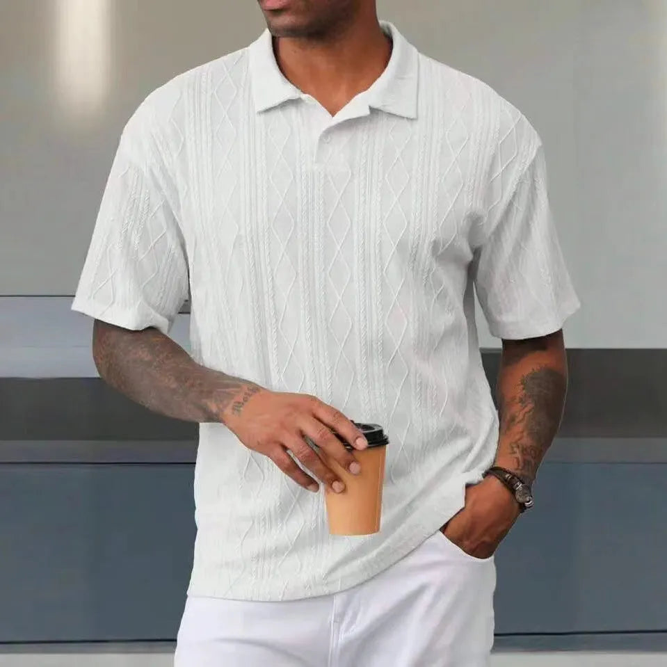 Men's loose fit short sleeve T-shirt with a retro button lapel on the collar, in a khaki cotton blend knit.