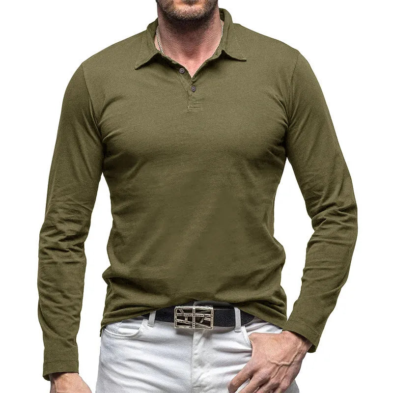 Men's dark grey polo collar long sleeve cotton T-shirt in American retro style laid flat