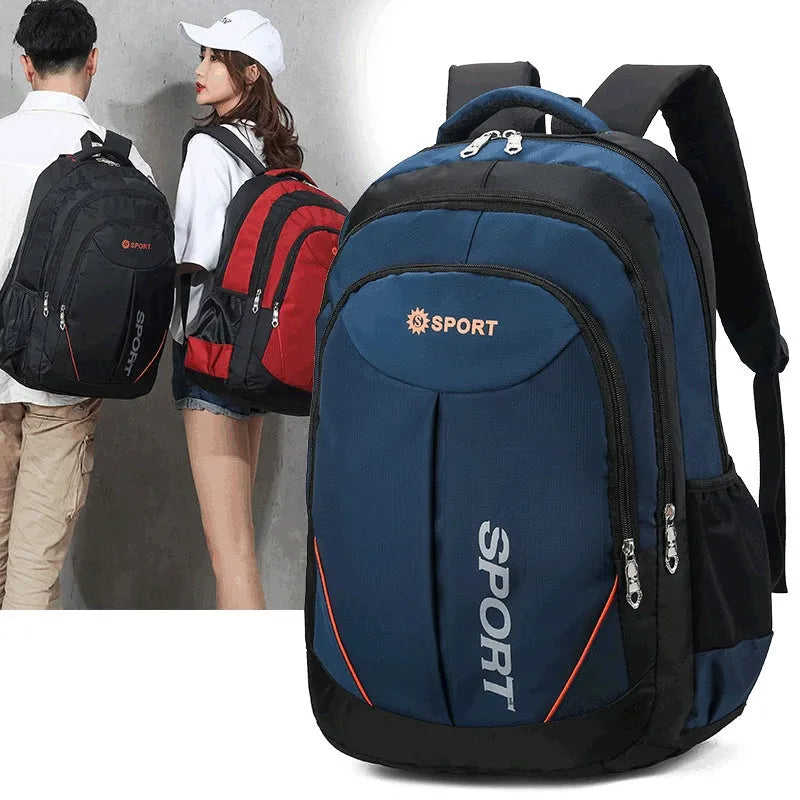 Large capacity men's nylon backpack with curved shoulder straps in black colour showing letter print detail
