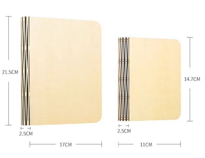 Solid wood book light in three sizes with USB cable showing white and warm white light options