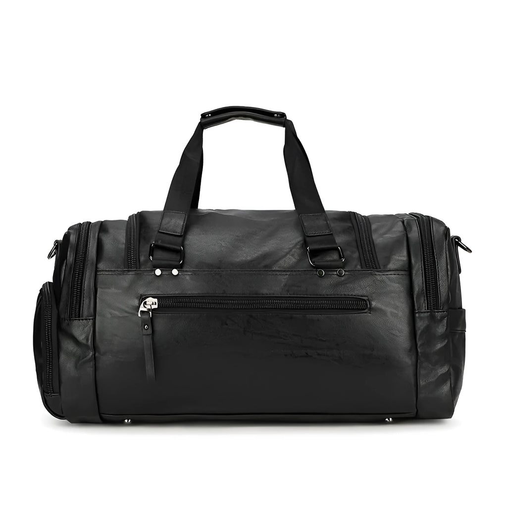 Black PU travel bag with separate shoe compartment, dimensions 52cm x 19cm x 27cm