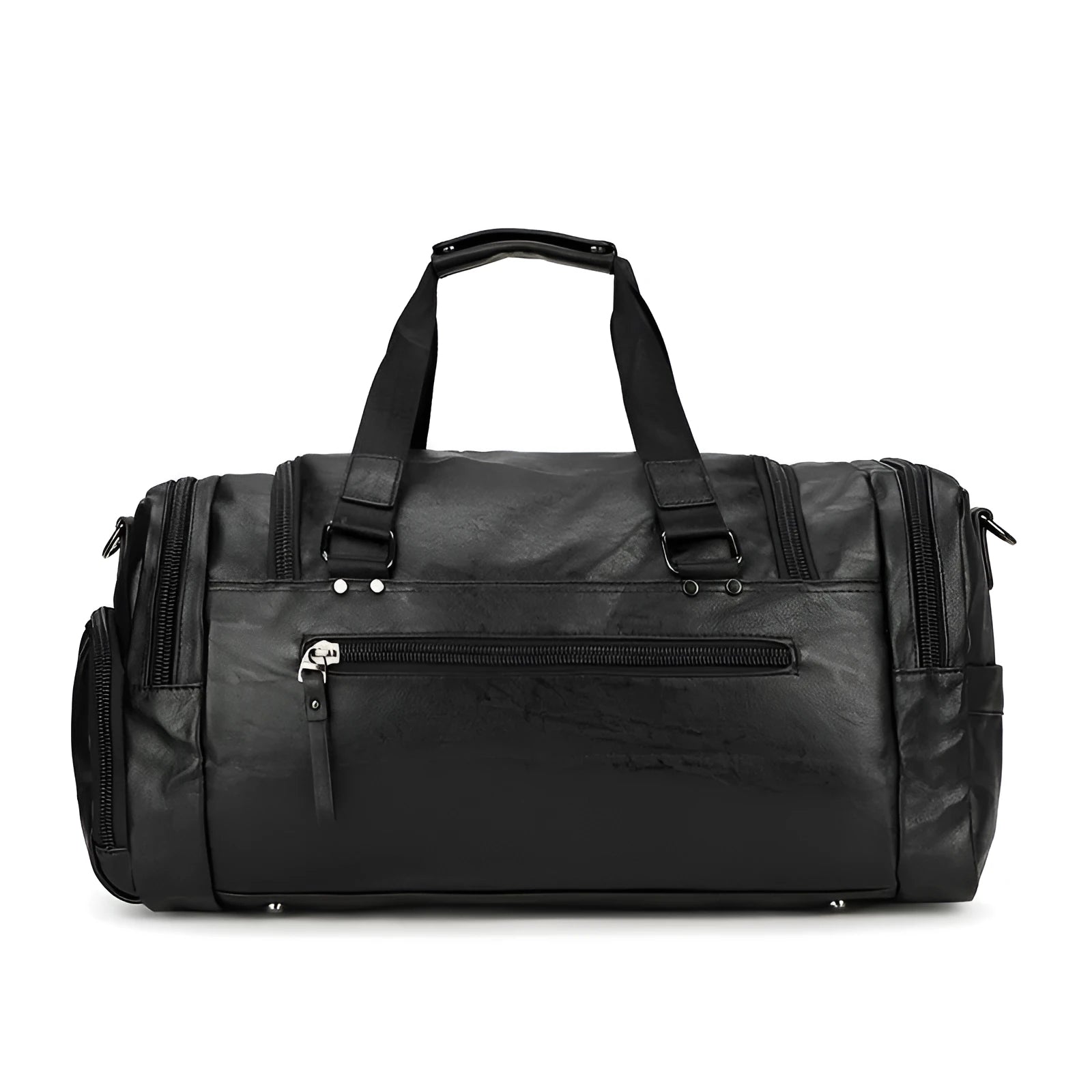 Black PU travel bag with separate shoe compartment, dimensions 52cm x 19cm x 27cm