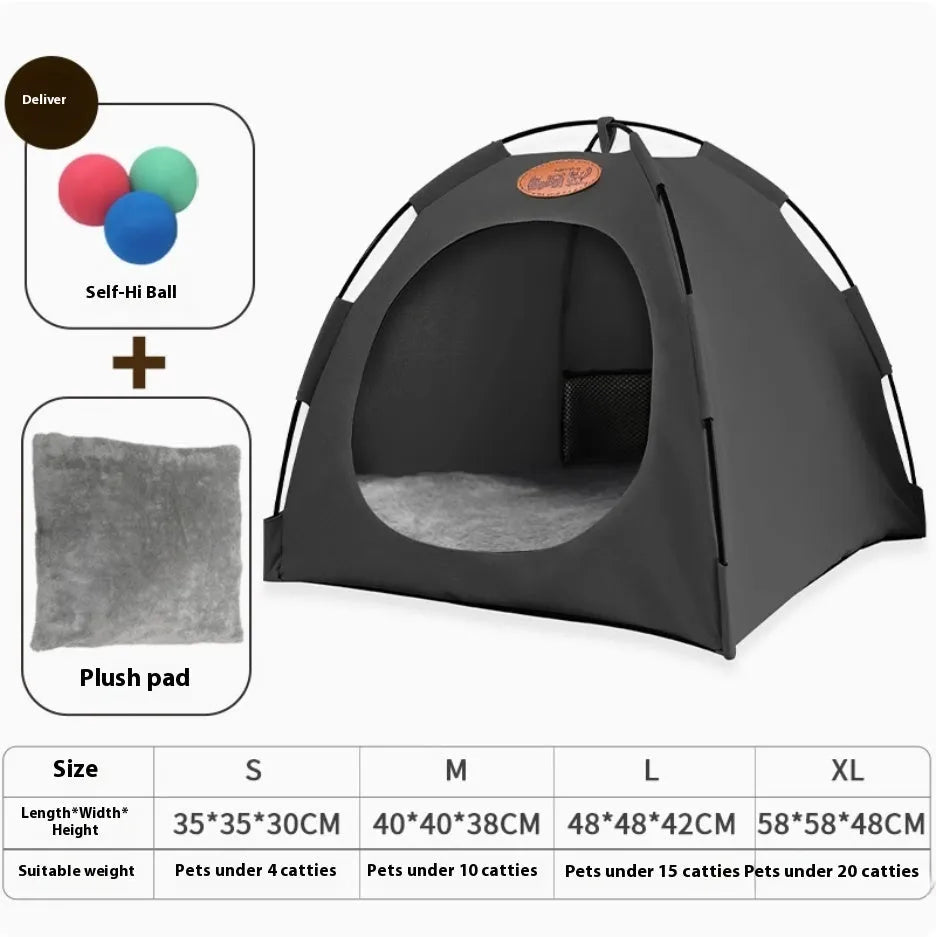 Four Seasons semi-enclosed washable cat tent in beige with summer mat and three self-hi balls