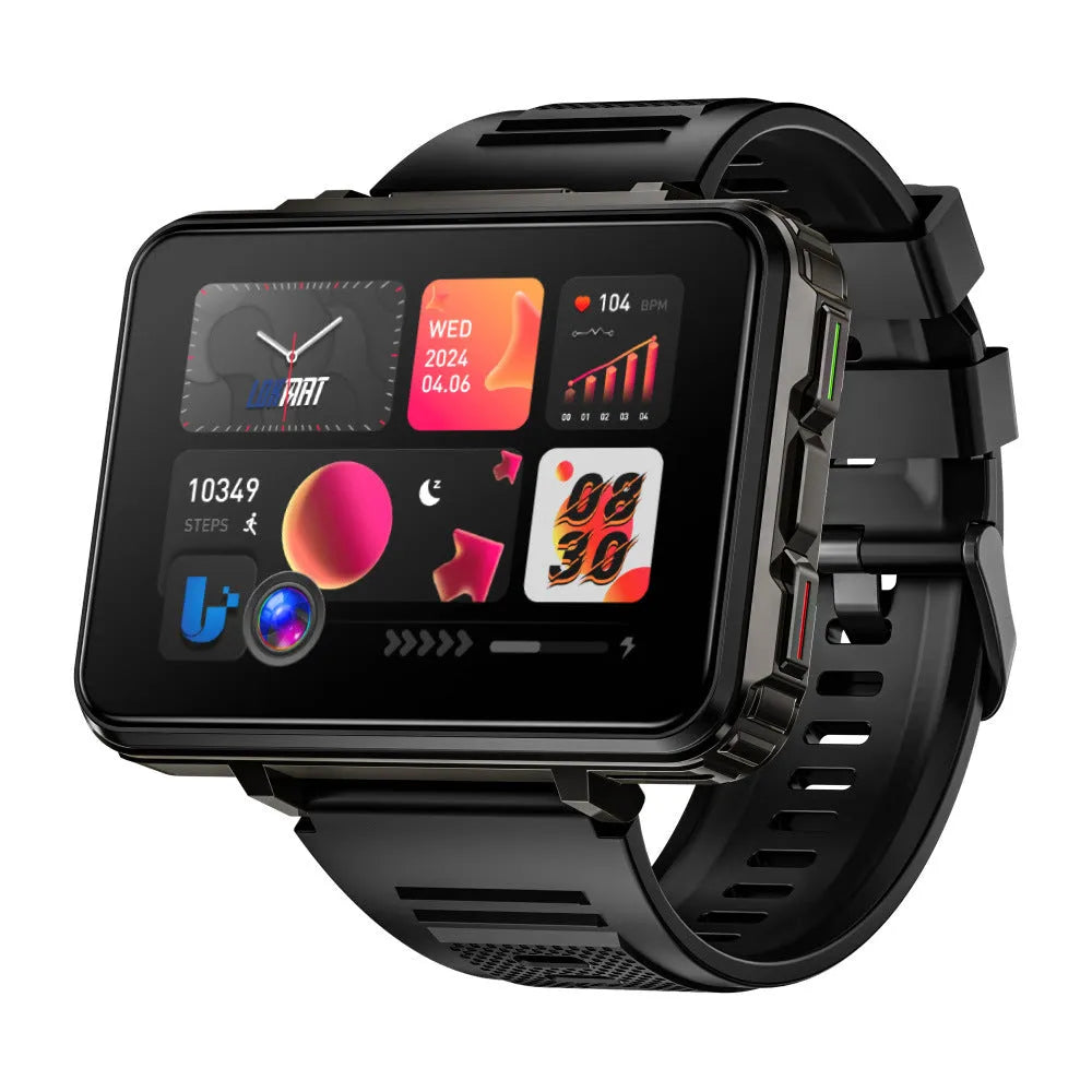 Black 4G Android smart watch with large TFT screen and dual camera on display