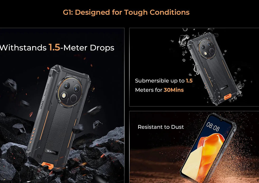 OUKITEL G1 Android mobile phone in grey, green, and orange colour options with included charger.