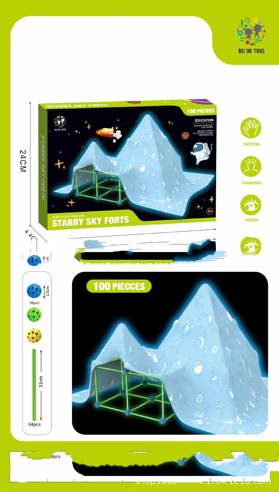 Luminous plastic fort building kit for kids with glowing sticks, balls, and fabric tent