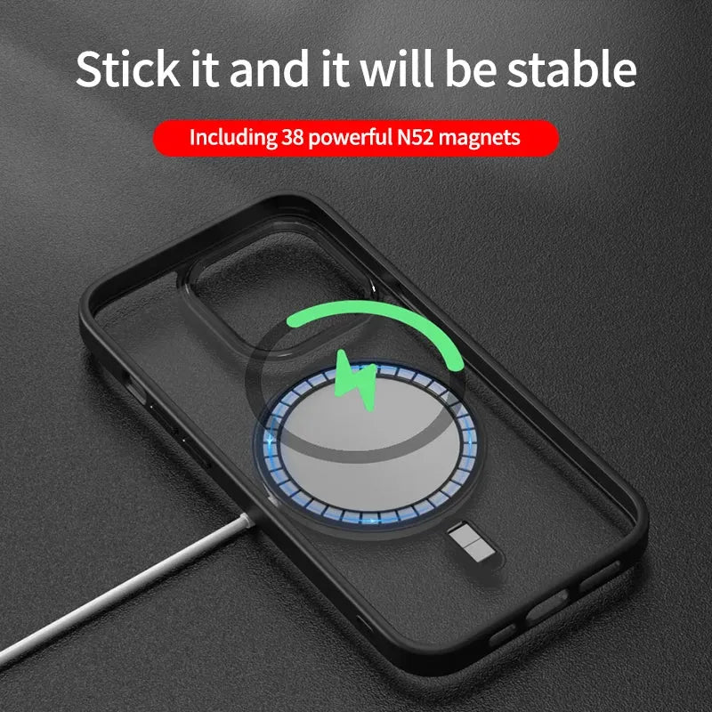 Magnetic suction acrylic phone case with metal lens frame for iPhone 15, black edge and red frame, front and back view