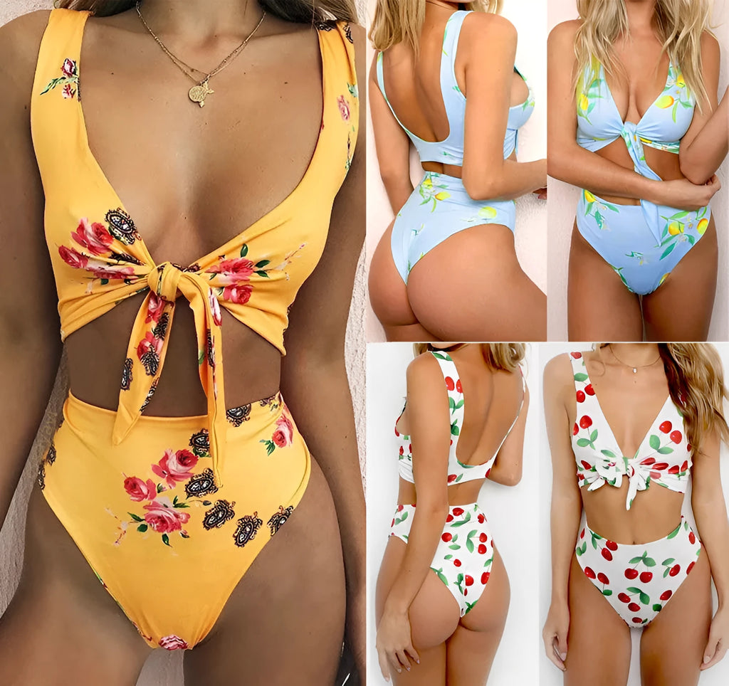 Bikini knotted double-sided swimsuit in blue, polyester spandex blend, front view