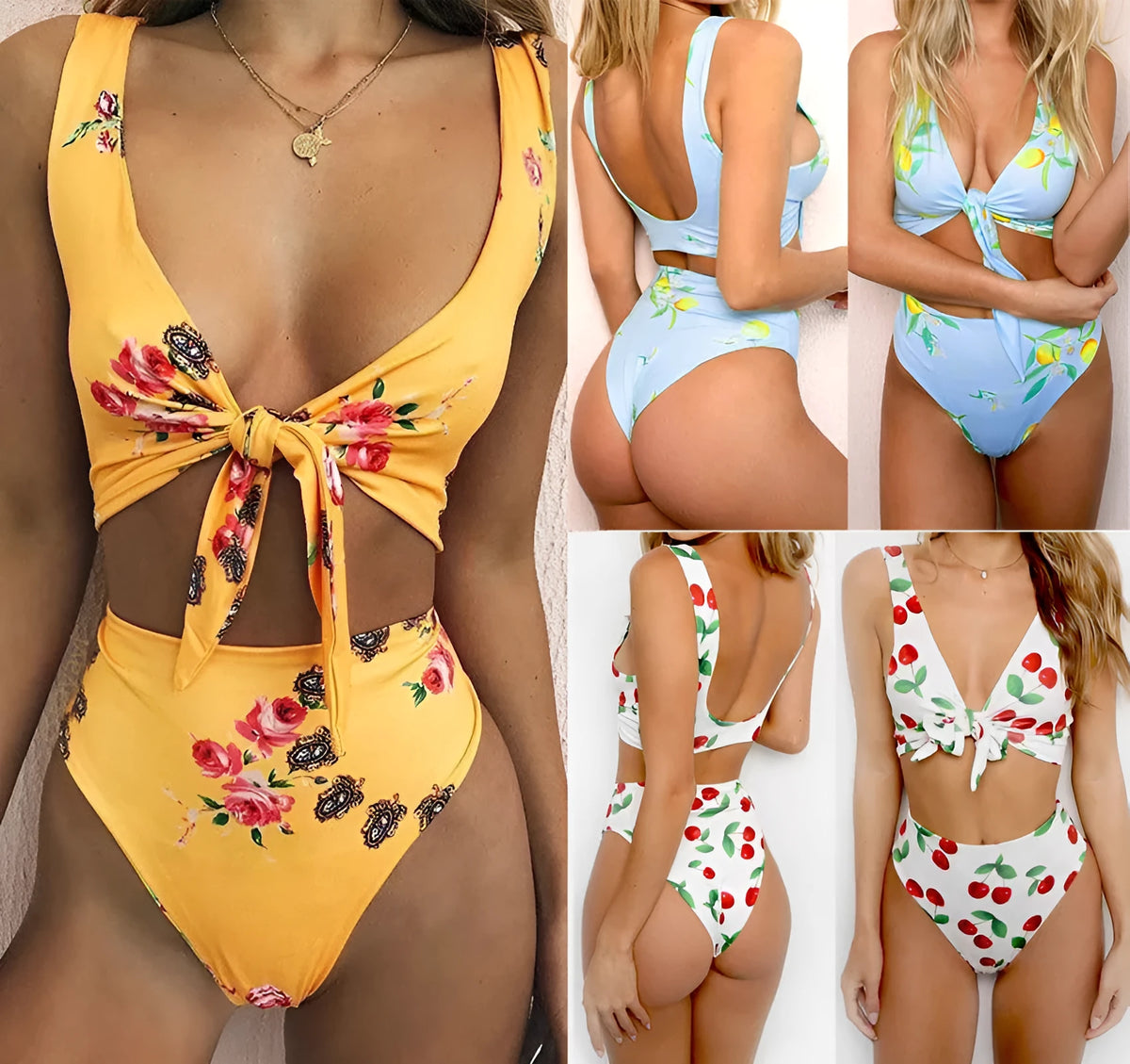 Bikini knotted double-sided swimsuit in blue, polyester spandex blend, front view