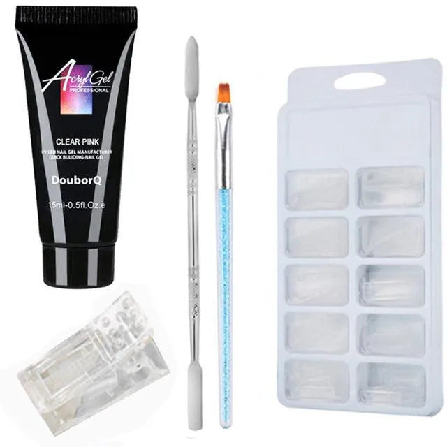 DIY resin gel nail art kit with sponge applicator, brushes, and decorative stickers in clear, white, and pink shades