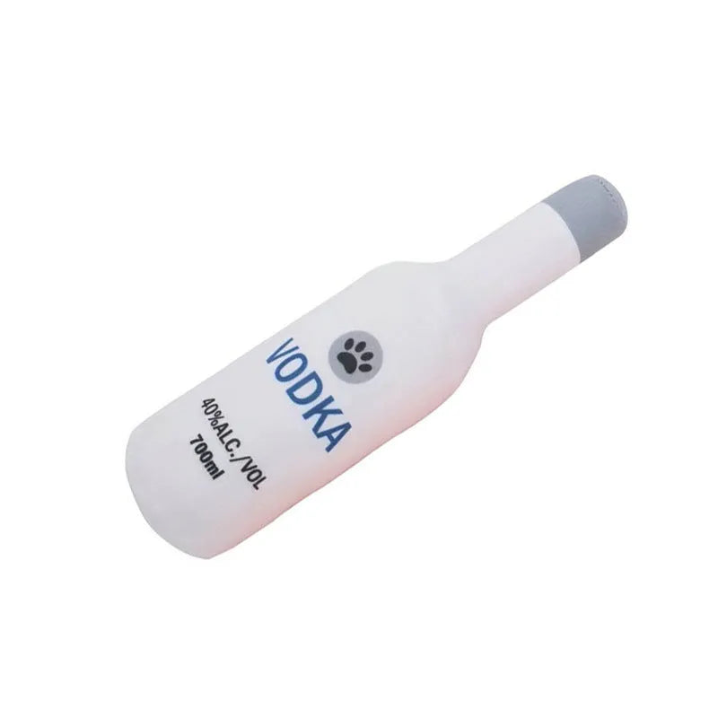 Green plush dog toy shaped like a wine bottle on a white background.
