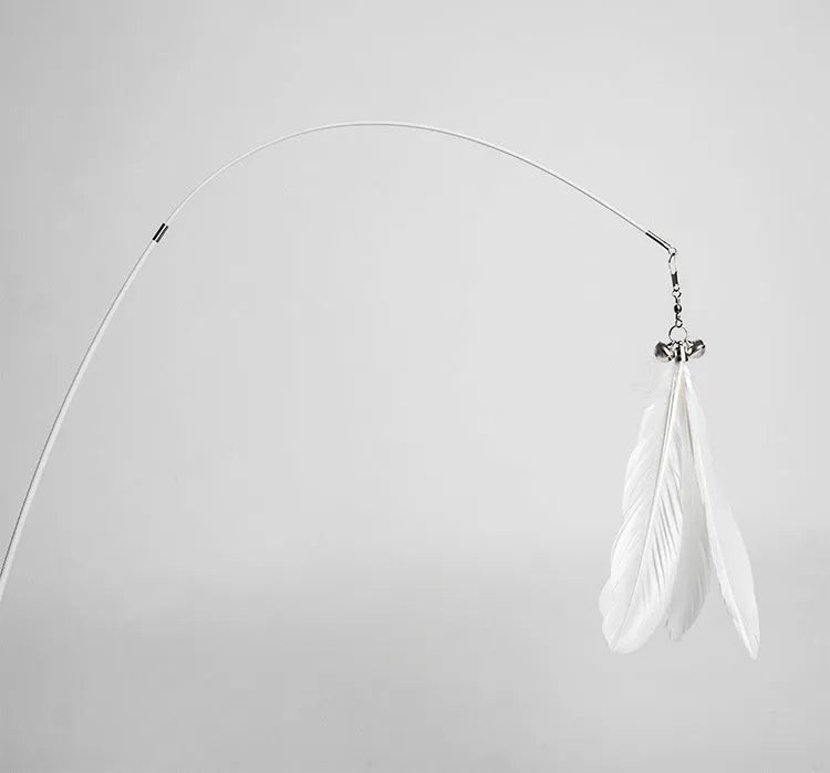 Telescopic cat fishing rod toy with goose feather lures and a bell, shown extended and collapsed.