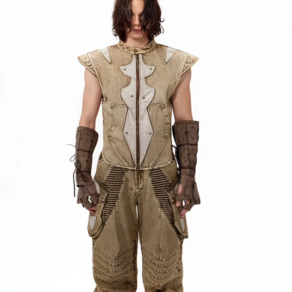 Dark wash cotton pleated vest for men in Korean style with size tags