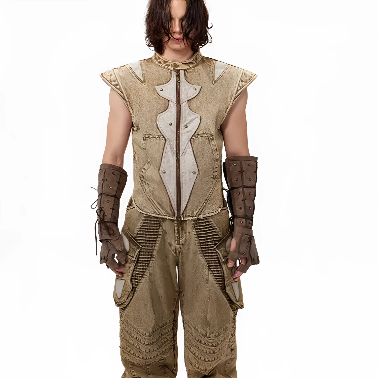 Dark wash cotton pleated vest for men in Korean style with size tags