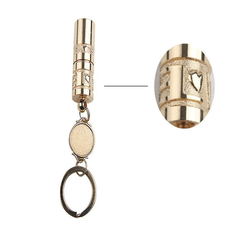 Gold-coloured zinc alloy waterproof mini LED flashlight on a keychain ring.