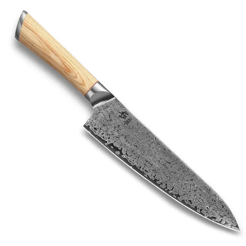 12-piece Damascus steel kitchen knife set with various blade types on a wooden block.