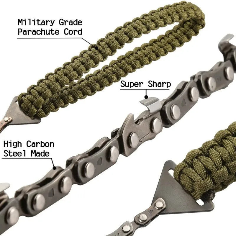 Braided umbrella rope camping survival pocket saw in army green with manganese steel blade, expanded to 103 cm, on natural wood surface