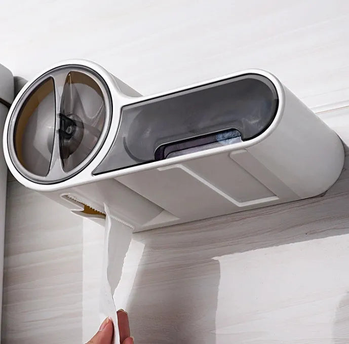 White plastic toilet roll holder with streamline curve design for no-drill bathroom installation