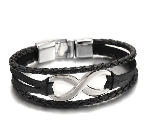 Unisex leather figure 8 bracelet in black and brown colours, geometric shape, individually packed