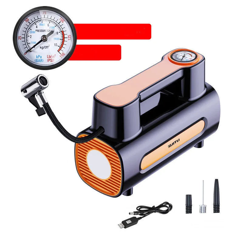 Black portable cordless tyre inflator pump with digital LCD screen and air hose