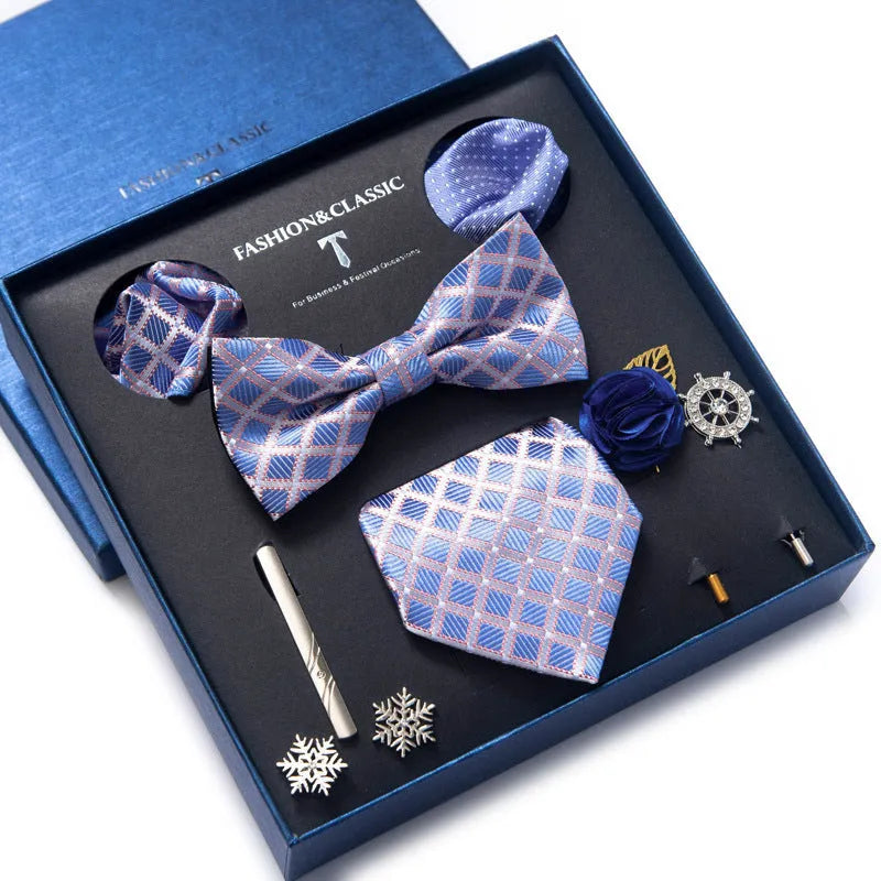 Men's 8-piece rayon jacquard bow tie set, heart shape arrow style, monochrome pattern, 146cm length