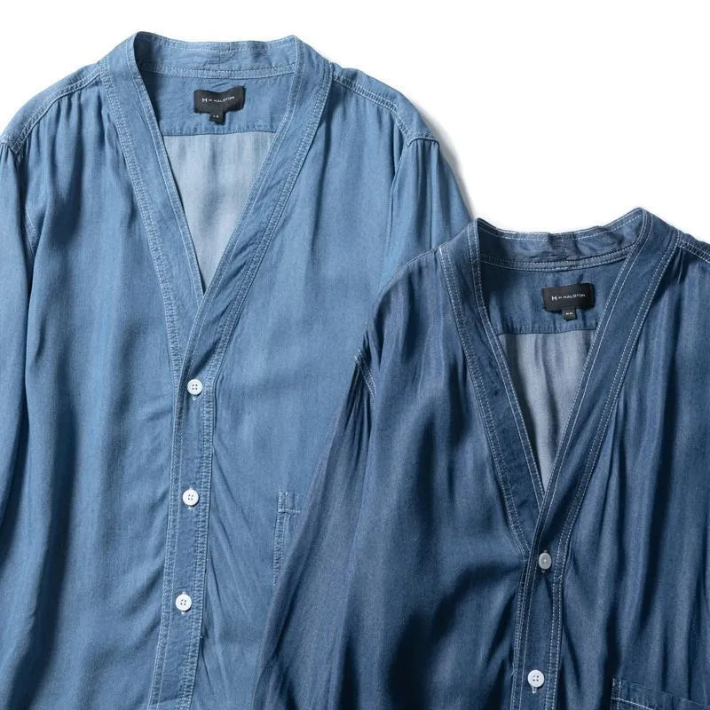 Men's dark blue casual denim coat with three-quarter sleeves and V-neck