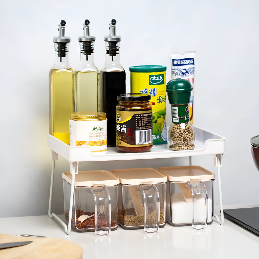Plastic kitchen organisation rack with modular design for cupboard shelves and countertops