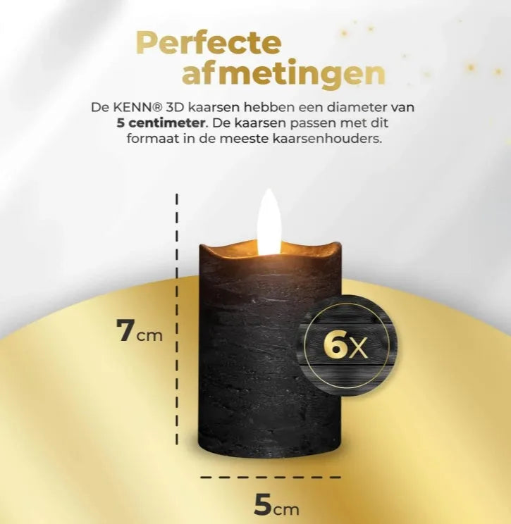 Black S6 LED pillar candle with flickering flame effect measures 5cm diameter by 7cm height