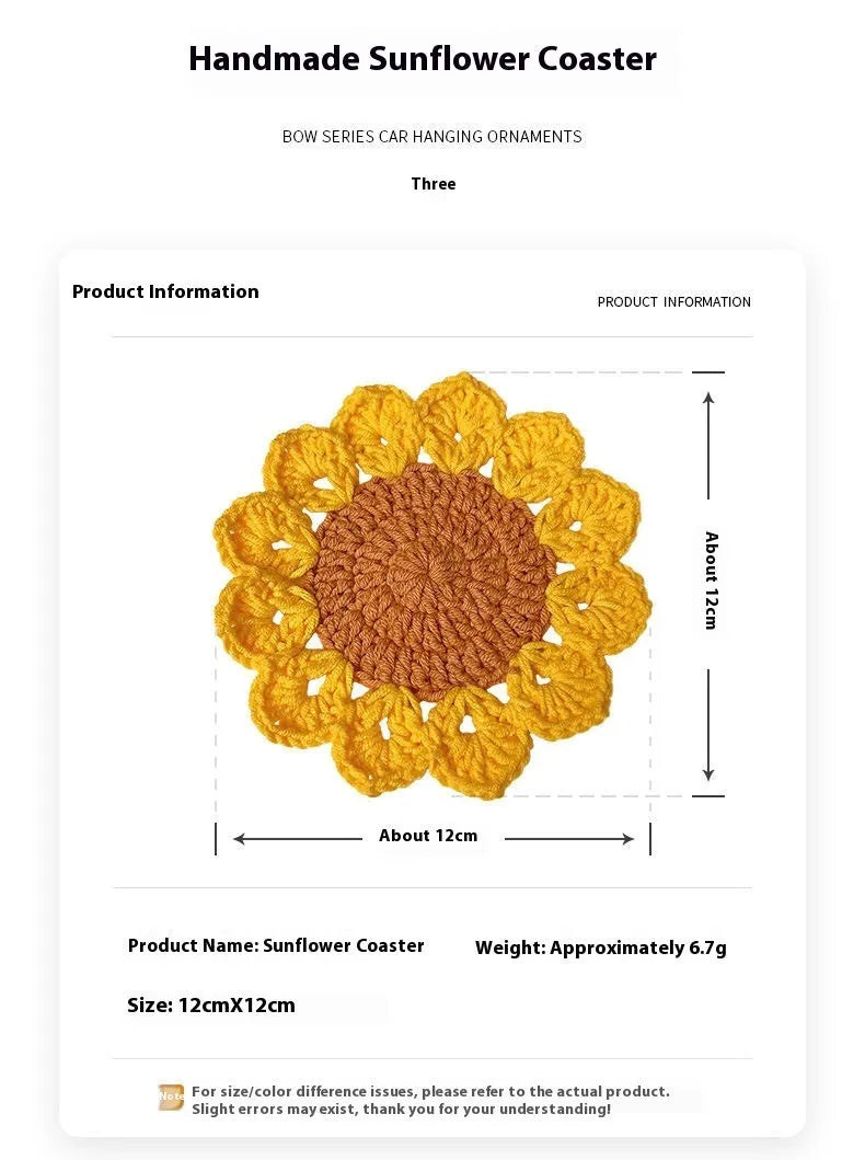 Hand-woven wool flower coasters showing floral pattern texture and natural wool material