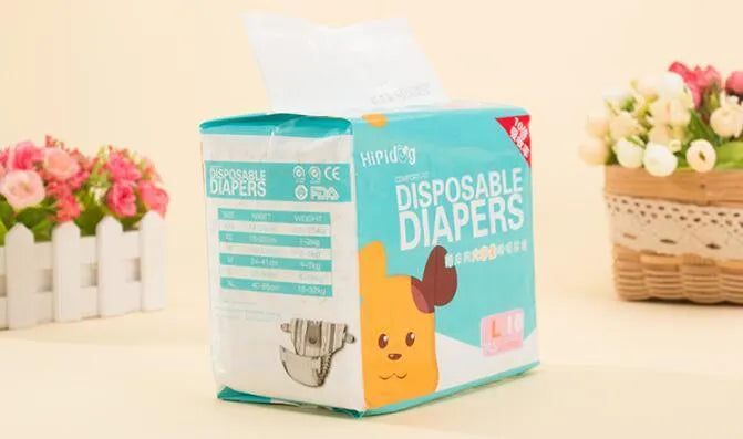 Disposable dog diapers 10 pack per bag with adjustable hook-and-loop waist, sizes S M L XL, for female and male dogs