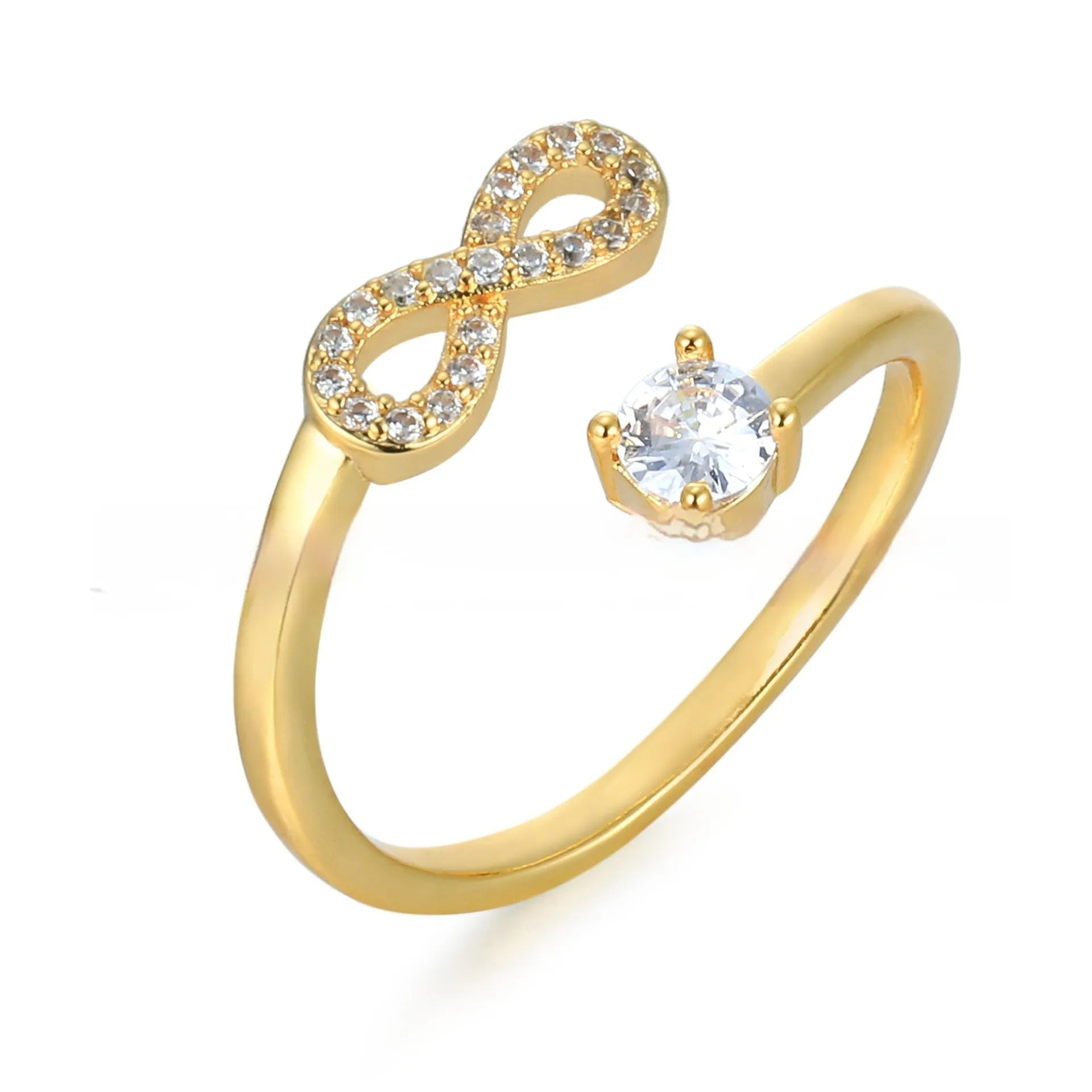 Geometric open ring with zircon-inlaid initial letter in gold, rose gold, or silver finish