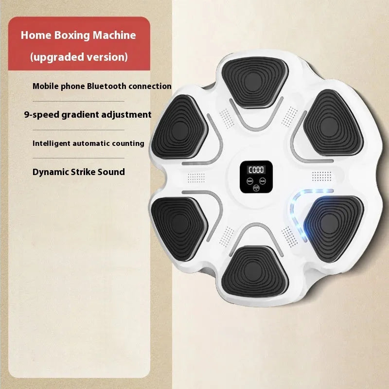 Smart electronic music boxing reaction training target wall unit with gloves, shown in white finish.