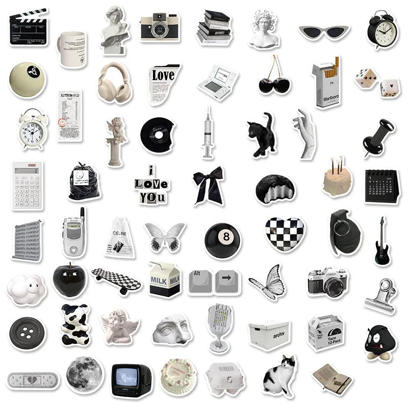 61 black and white waterproof PVC stickers for laptop and phone decoration
