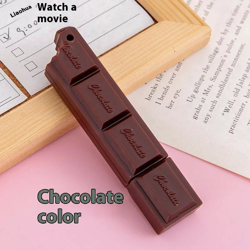 Chocolate bar themed novelty ballpoint pen with 0.5mm tip, shown in pink, beige, and brown refill colour options.